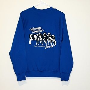 New Vintage 80s Mens Medium Wisconsin Dairy Best Cows Crewneck Sweatshirt Blue